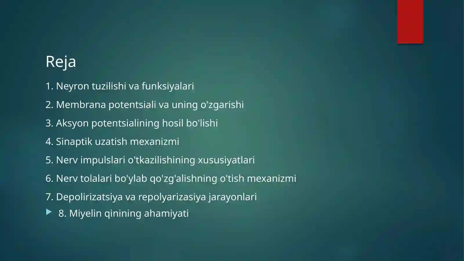 Neyronlarda nerv impulslarini hosil bo‘lish mexanizmi.Nerv tolalari bo‘ylab qo‘zg‘alishning o‘tish mexanizmi. 2