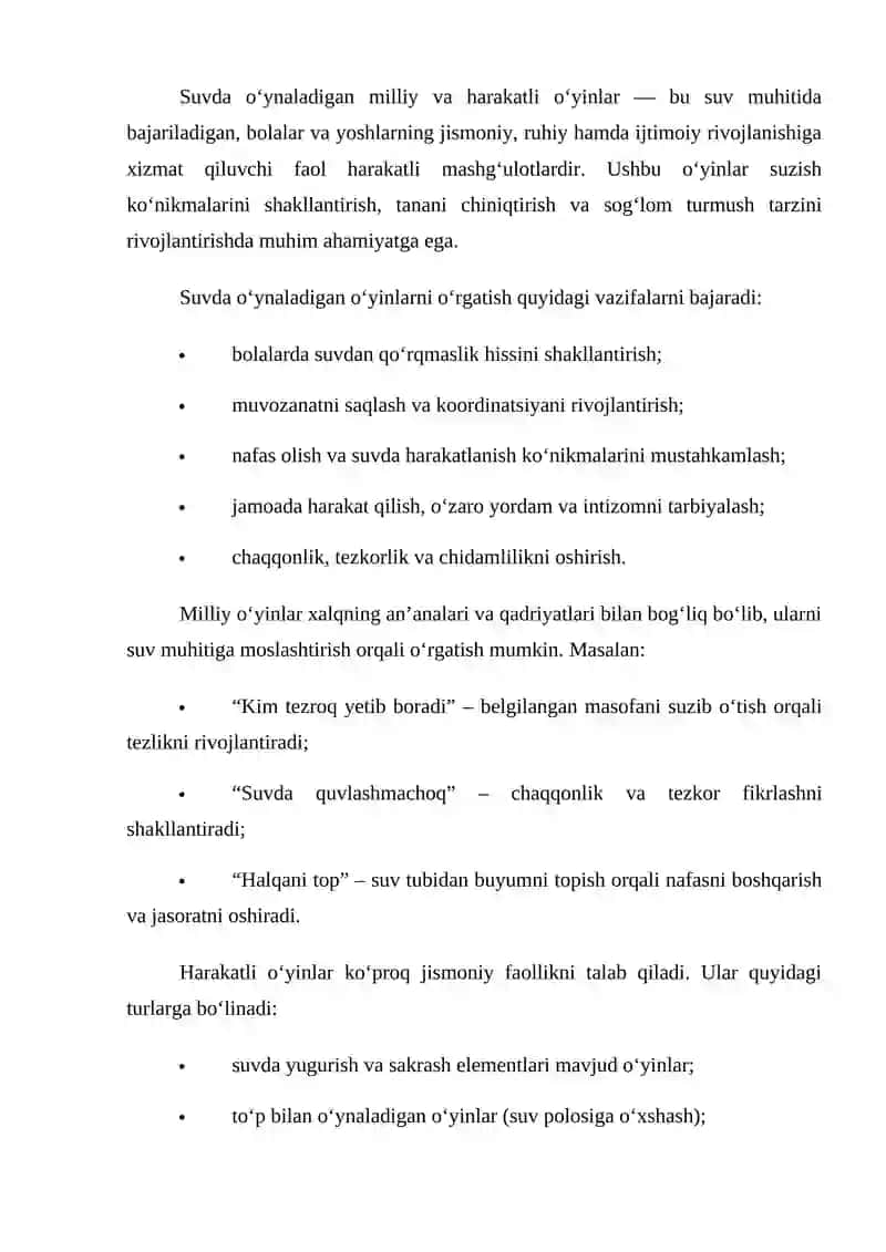 Suvda o‘ynaladigan milliy va harakatli o‘yinlarni o‘rgatish 2