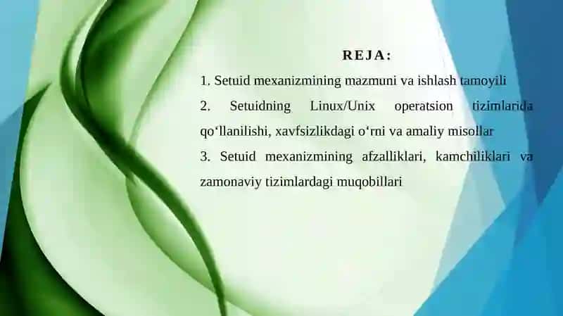 Setuid(Set User ID) mexanizmining tushunchasi va operatsion tizimlardagi qo'llanilishi. 2