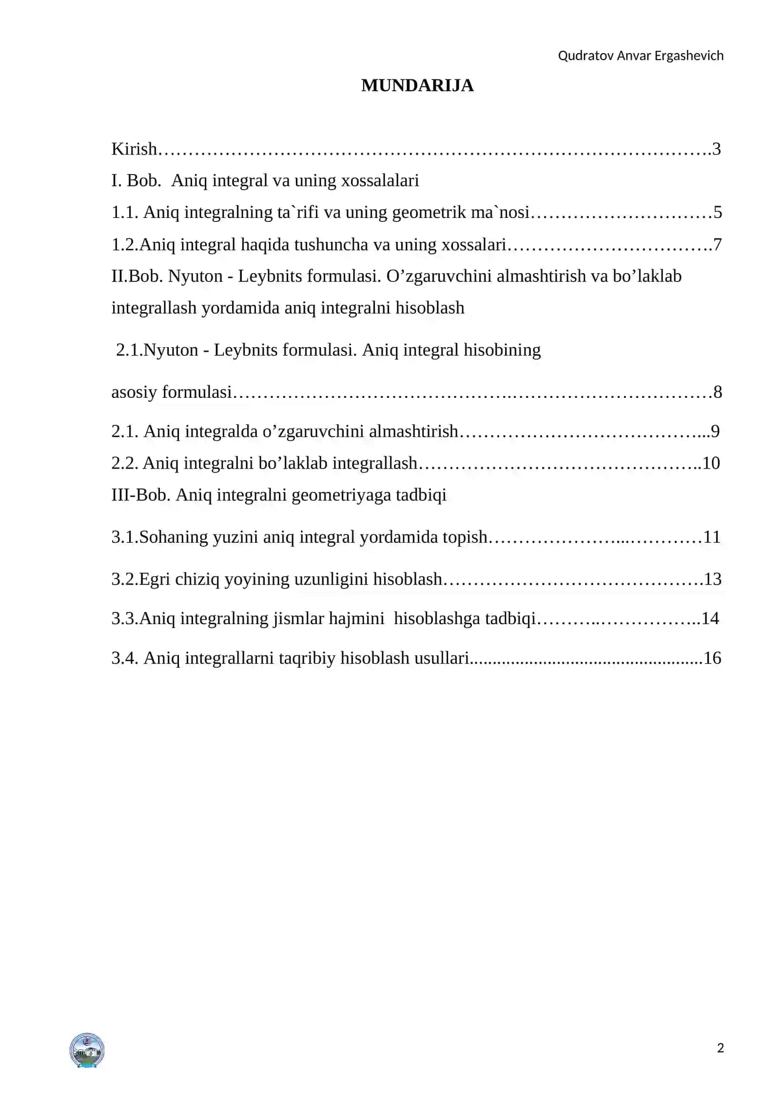 Aniq integral va uning xossalari 2