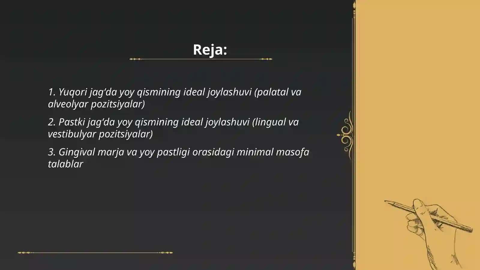 Yuqori va pastki jagʻda yoyli protezlarning yoy qismini joylashuvi 2