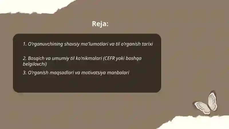 Chet tili o'rganuvchisi haqidagi batafsil yozma hisobot 2