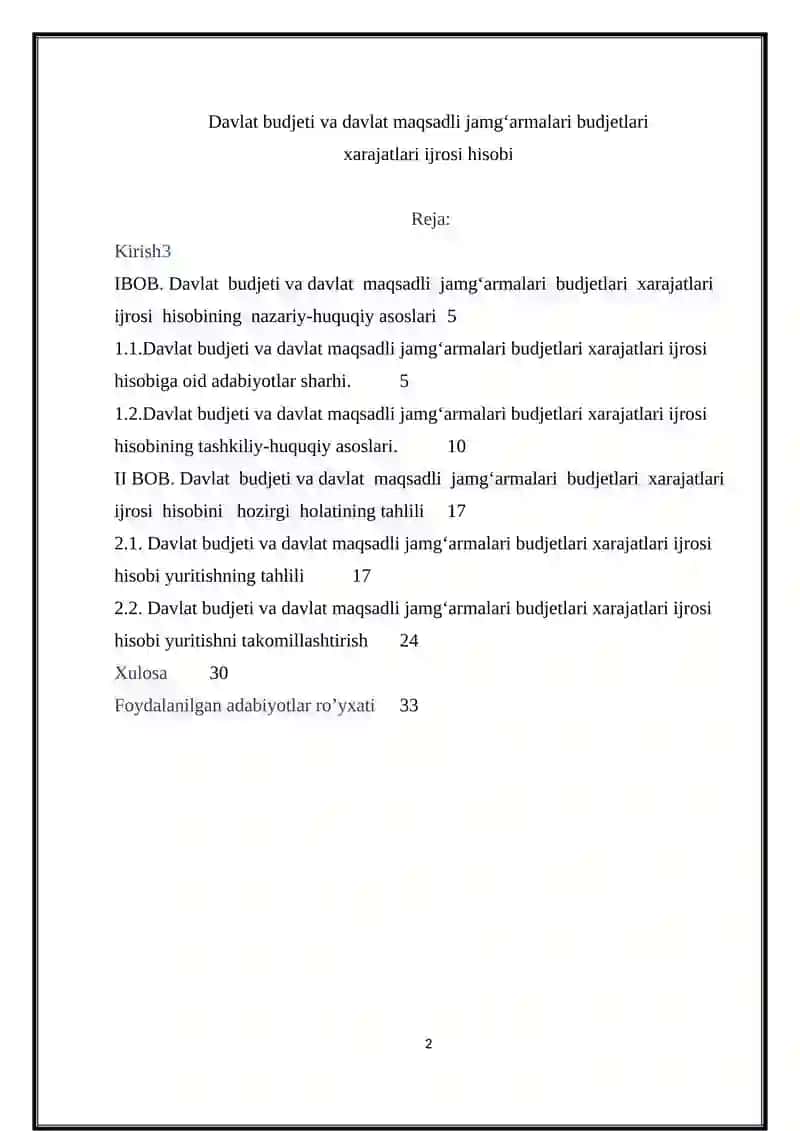 Davlat budjeti va davlat maqsadli jamg‘armalari budjetlari xarajatlari ijrosi hisobi 2