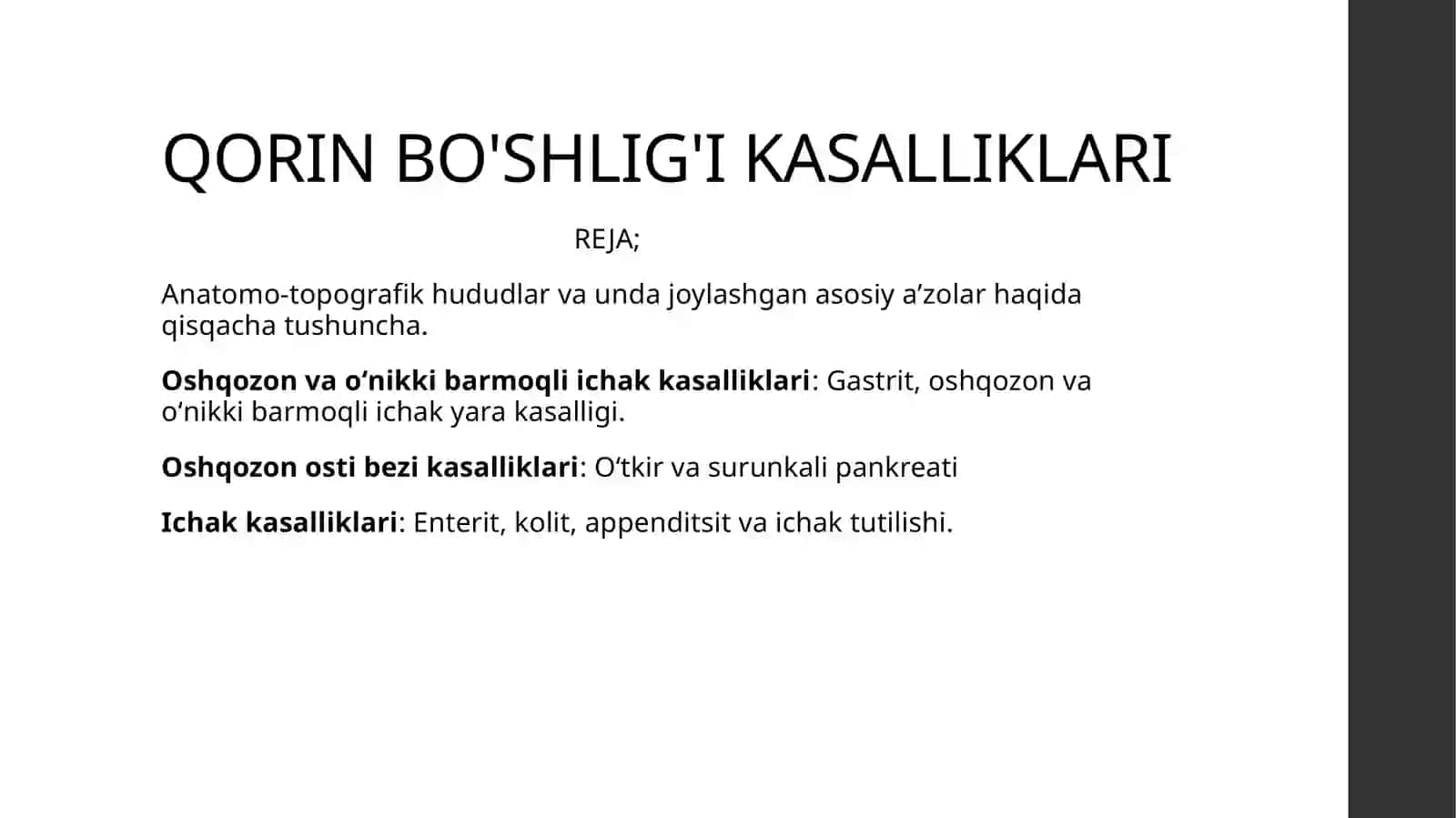 TERMIZ IQTISODIYOT VA SERVIS UNVERSITETI TIBBIYOT FAKULTETI DAVOLASH ISHI YO’NALISHI 24_24_GURUH O’QUVCHISI TURSUNOVA NODIRANING PATALOGIK ANATOMIYA FANIDAN MUSTAQIL ISHI QORIN BO'SHLIG'I KASALLIKLARI 2