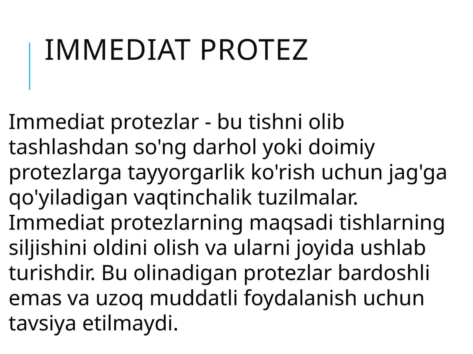 Immediat protezlar. Ko’rsatmalar. Immediat protezlarni tayyorlashning klinik–laborator bosqichlari. 2