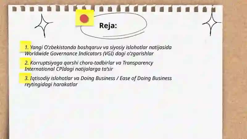 Yangi Oʻzbekistonda ijtimoiy siyosiy iqtisodiy va madaniy hayotida roʻy berayotgan oʻzgarishlarning xalqaro reyting va indeksiyalarida aks etishi 2