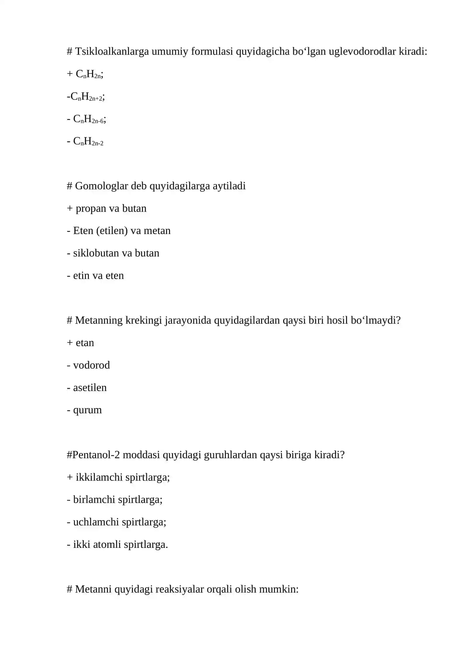 ORGANIK KIMYO FANIDAN YAKUNIY NAZORAT UCHUN TEST SAVOLLARI 2