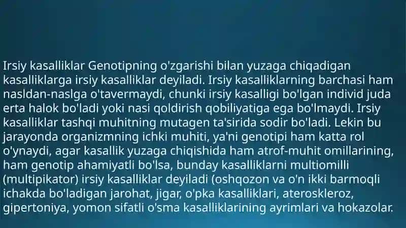 Irsiy kasalliklar.Xromosoma kasalliklari.Gen kasalliklari va irsiyatga moyil kasalliklar 2