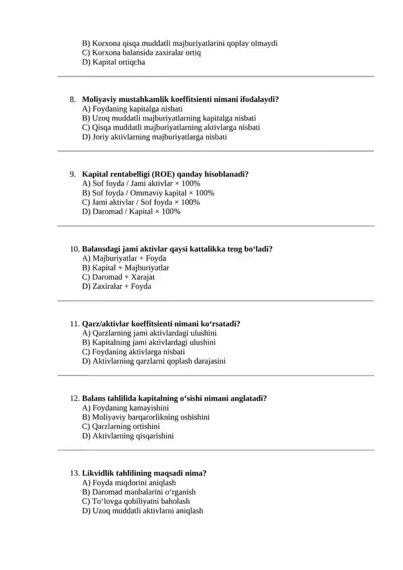 Buxgalteriya balansini tahlil qilish – 20 ta test 2