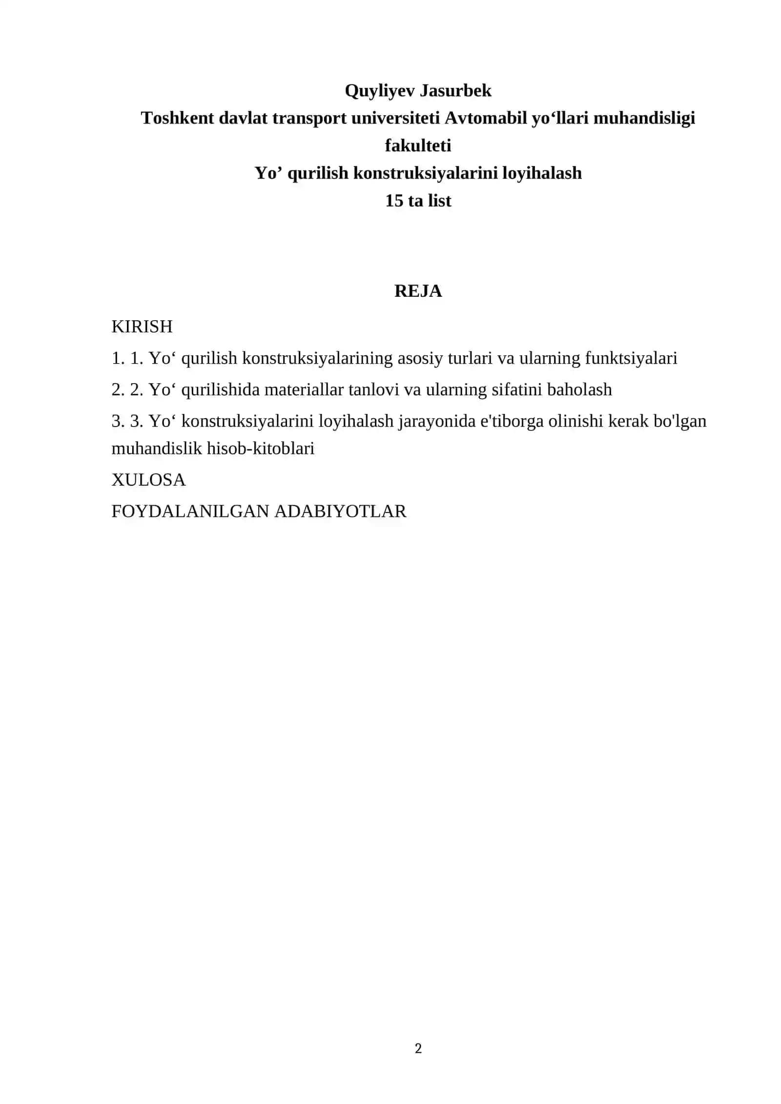 Yoʼ qurilish konstruksiyalarini loyihalash 2