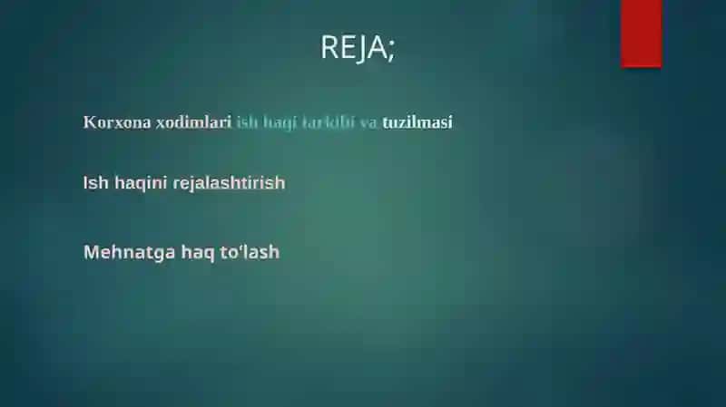 Korxonada mehnatga haq to'lash fondini rejalashtirish, Mustaqil ish reja 2