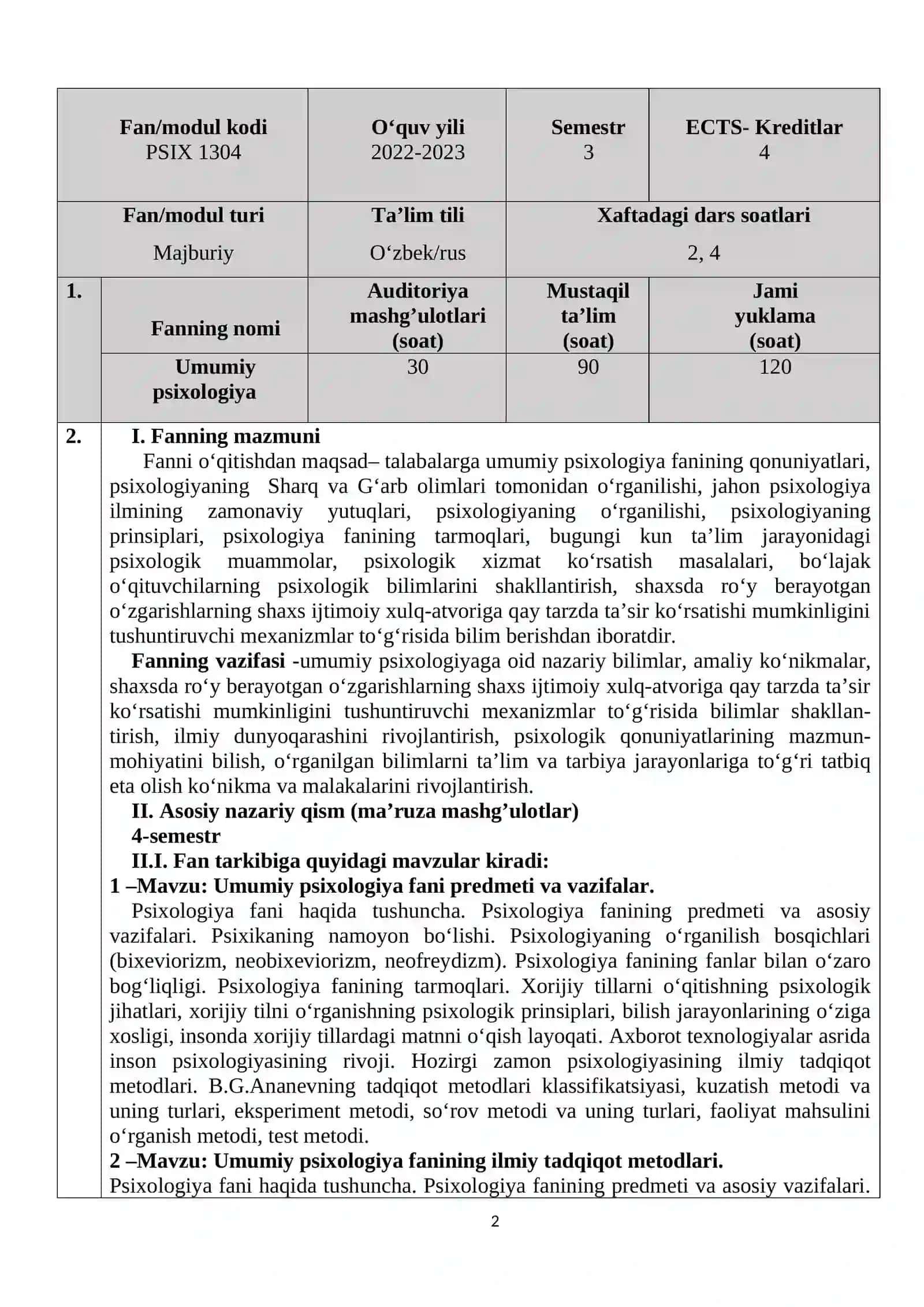 Umuwiy psixologiya fanining o‘quv dasturi 2