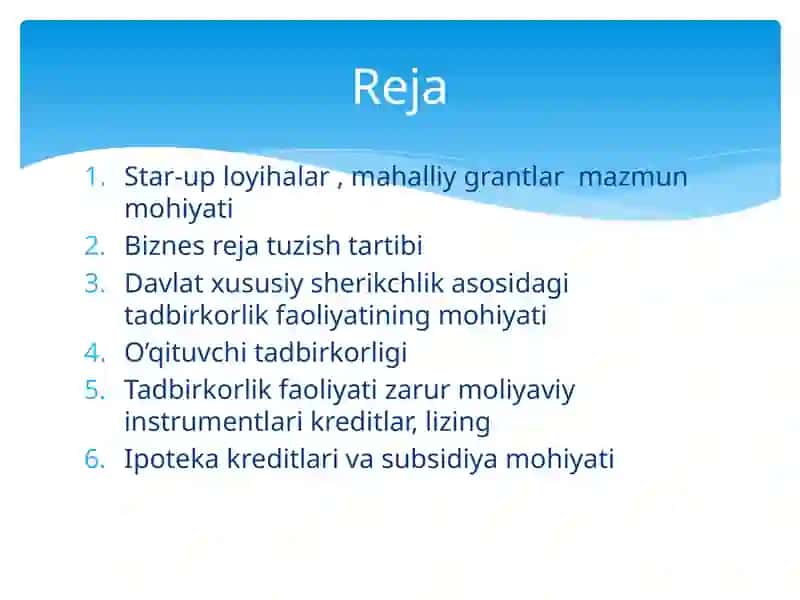 Star-up loyihalar, mahalliy grantlar va tartibotlar daishtiroketish va biznes-rejalar tayyorlash 2