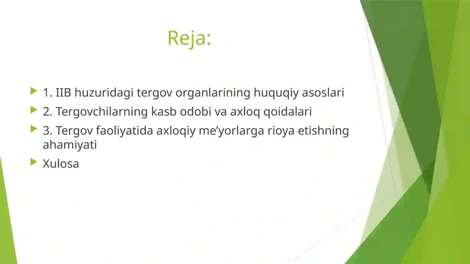 IIB huzuridagi tergov organlari faoliyatining huquqiy asoslari hamda tergovchilarning kasb odobi va axloq qoidalari. 2