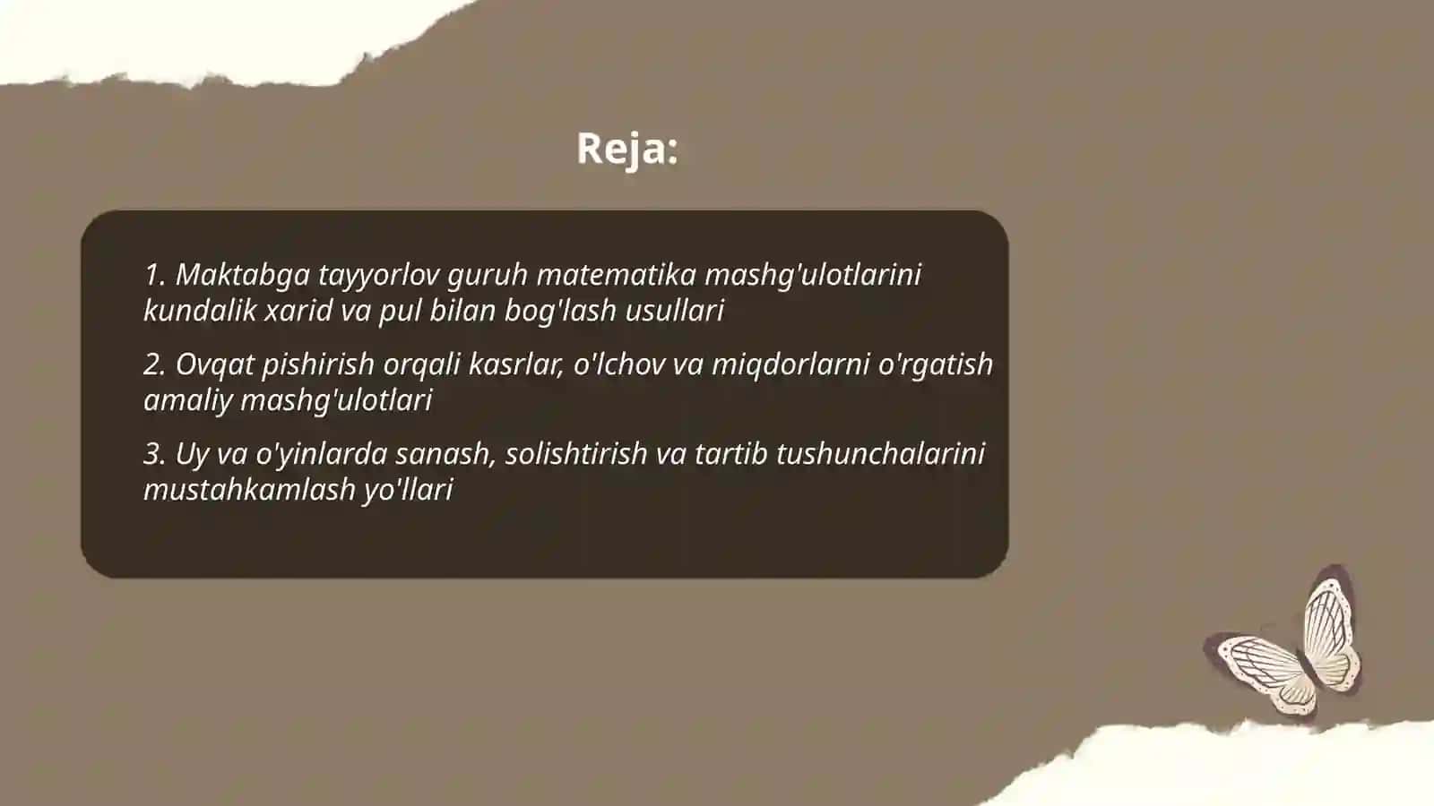 Mastabga tayyorlov guruh matematika mashg'ulotlarini kundalik turmush bilan bog'lish orqali amalga oshirish yo'llari Abdalikova Oqila 2