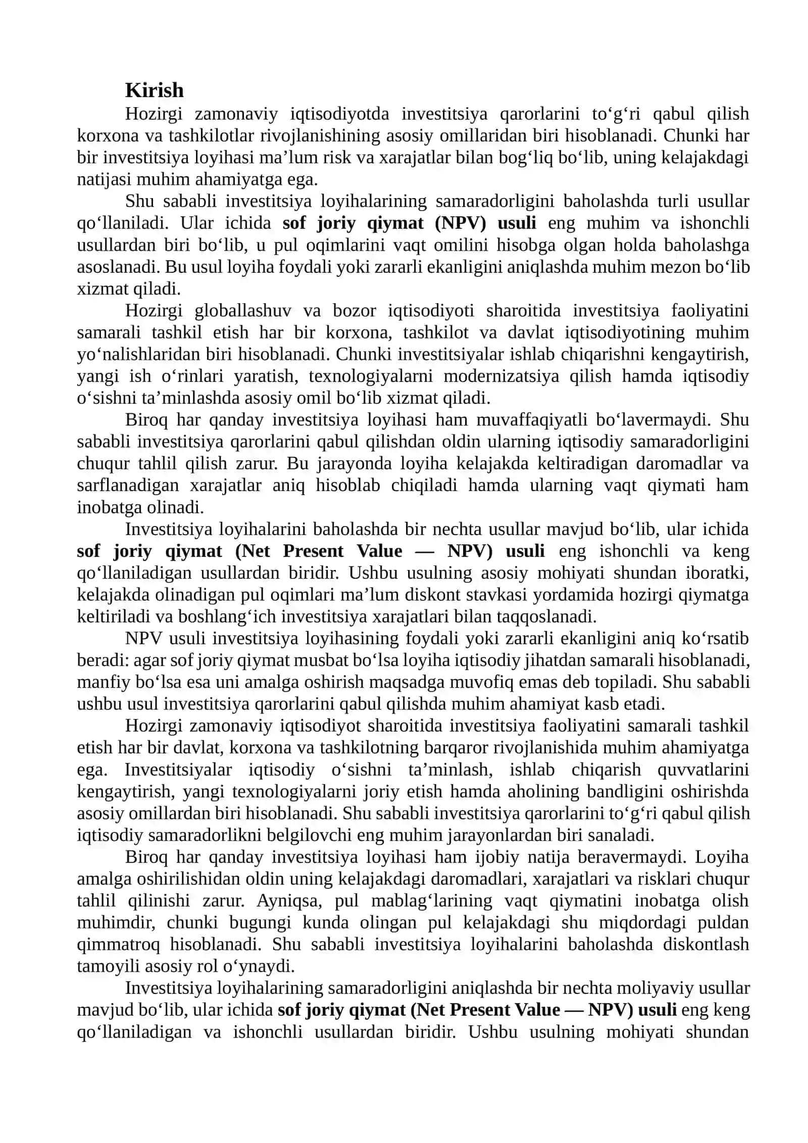 Sof joriy qiymat (NPV) usuli 2