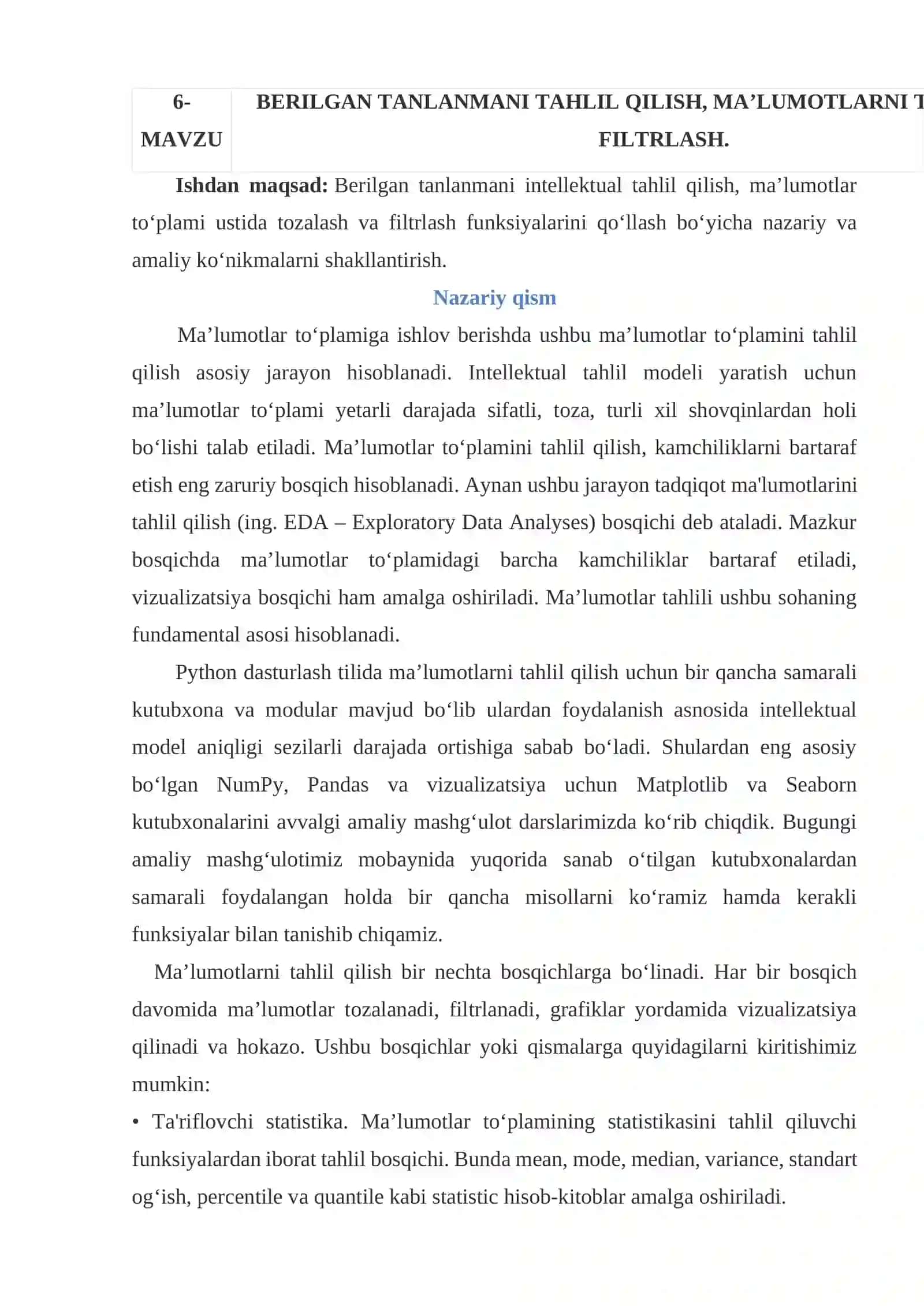 BERILGAN TANLANMANI TAHLIL QILISH, MA’LUMOTLARNI TOZALASH VA FILTRLASH 2