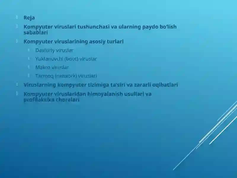 Virus tushinchasi va ularning turlari.Kompyuter viruslari: dasturiy, yuklanuvchi, makro va tarmoq viruslari.Kompyuter viruslaridan himoyalanish 2