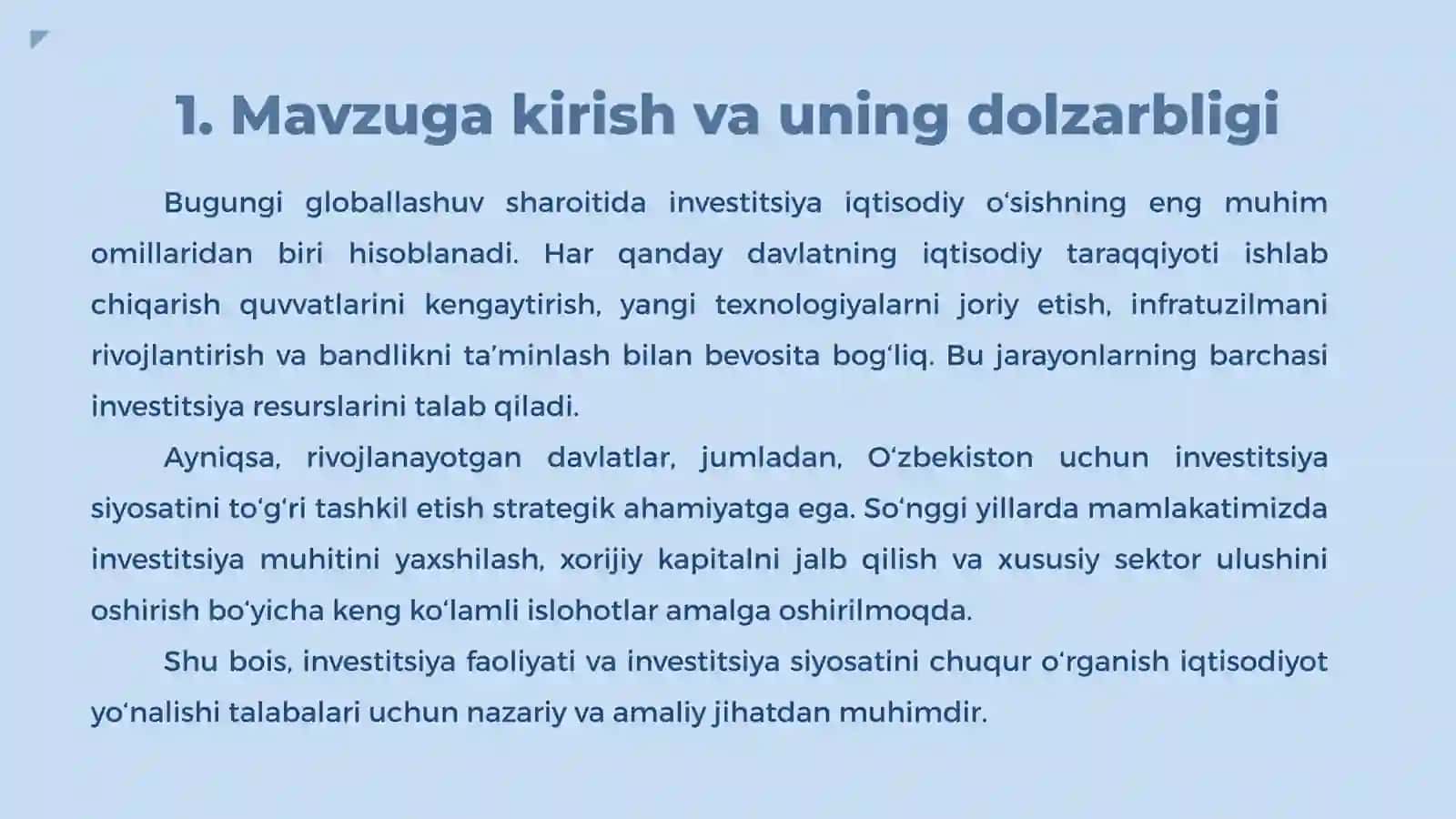 INVESTITSIYA FAOLIYATI VA INVESTITSIYA SIYOSATI. IQTISODIYOTNI RIVOJLANTIRISHDA XORIJIY INVESTITSIYALARNING ROLI 2