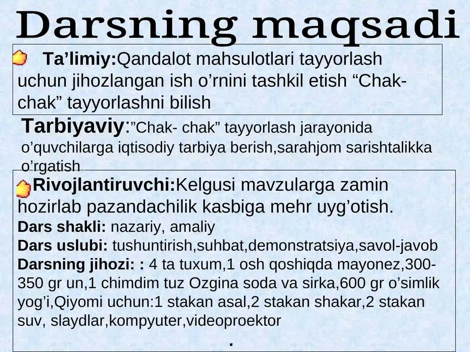 Qаndоlаt mаhsulоtlаri tаyyorlаsh uchun jihоzlаngаn ish o`rnini tаshkil etish 2