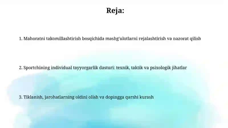 Sport mahoratini takomillashtirish bosqichida mashg`ulotlarni tashkil etish 2