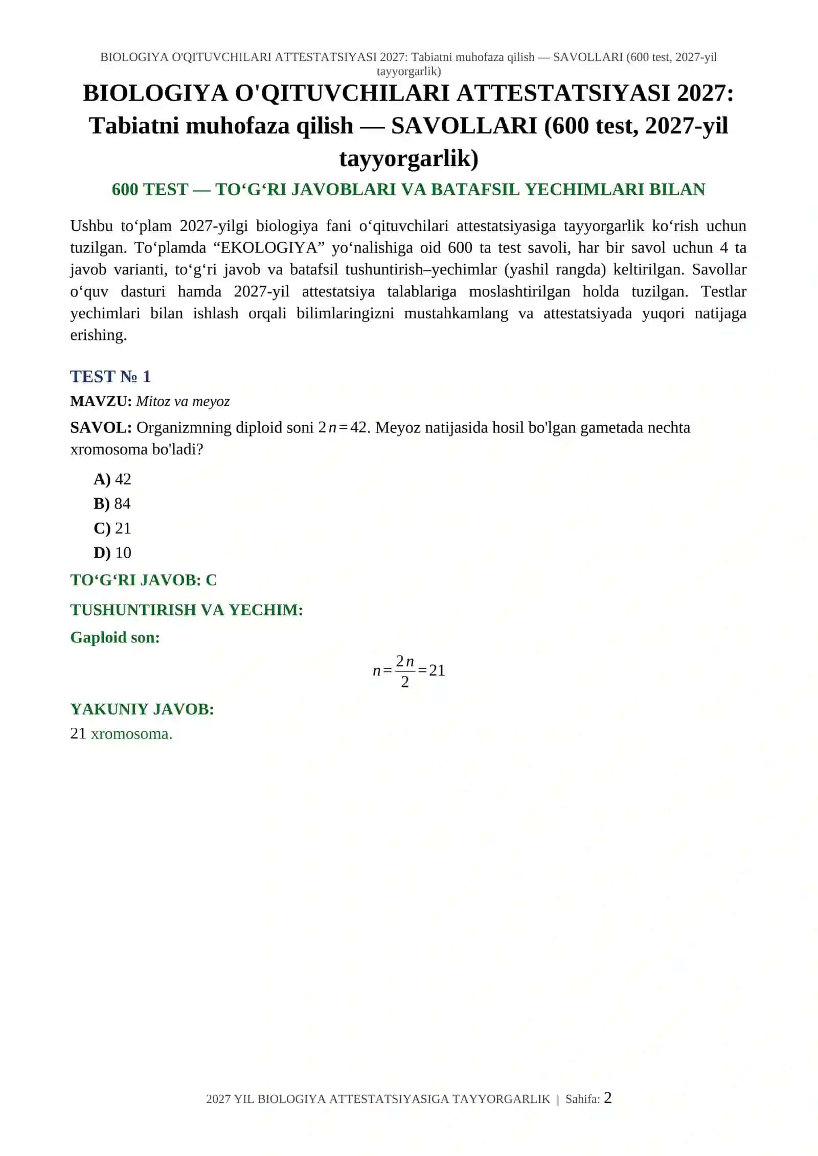 BIOLOGIYA O'QITUVCHILARI ATTESTATSIYASI 2027: Tabiatni muhofaza qilish — SAVOLLARI (600 test, 2027-yil tayyorgarlik) 2