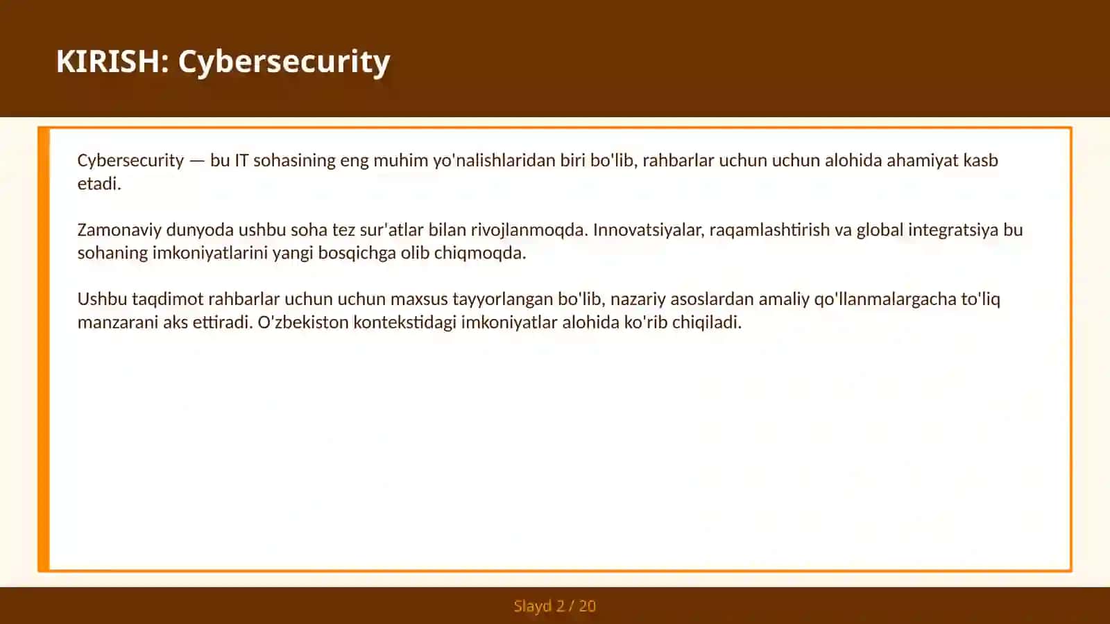 Cybersecurity — bu IT sohasining eng muhim yo'nalishlaridan biri bo'lib, rahbarlar uchun uchun alohida ahamiyat kasb etadi 2