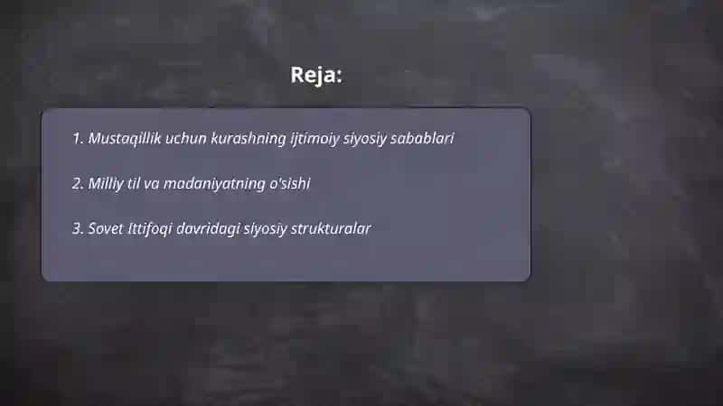 Mustaqillikka erishish arafasida o'zbeskitondagi ijtimoiy siyosiy jarayonlari 2