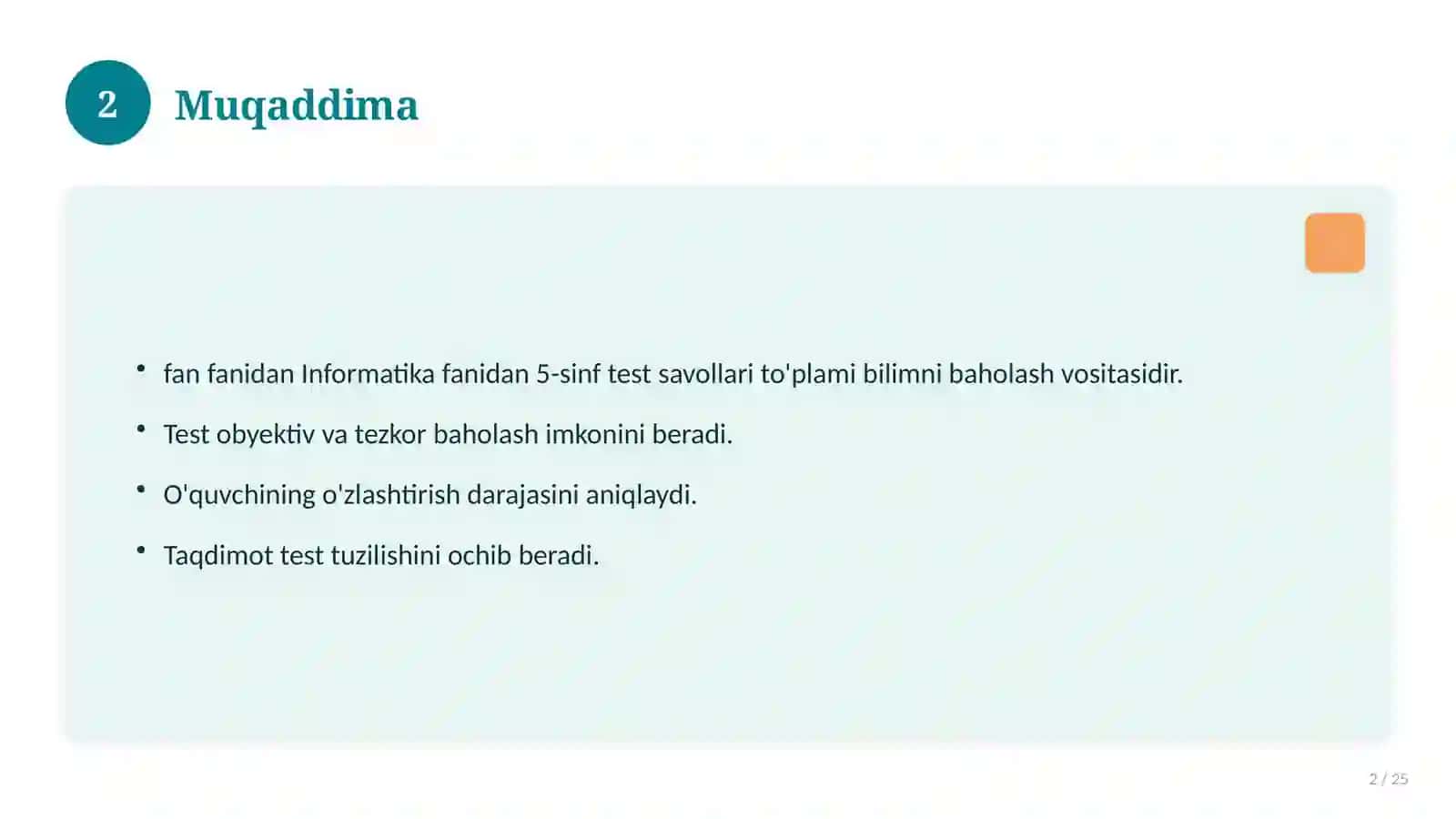 Informatika fanidan 5-sinf test savollari to'plami 2