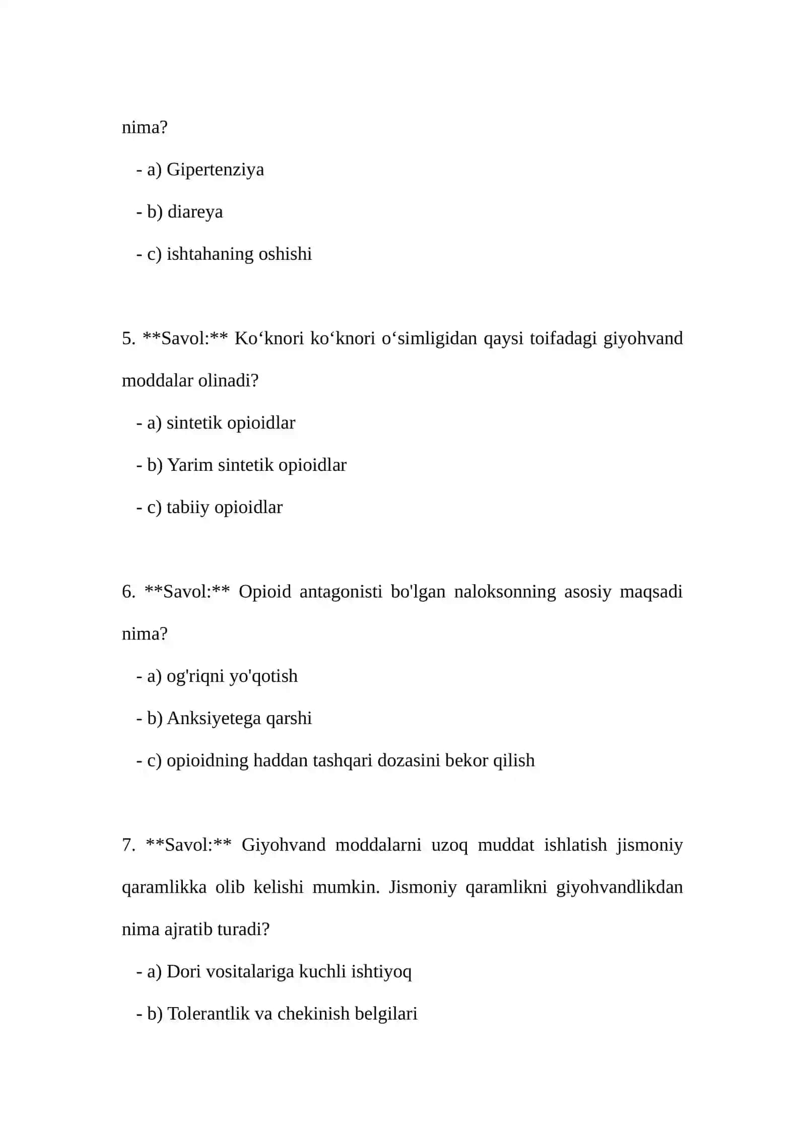 Narkomaniya va uning asoratlari mavzusida test 2