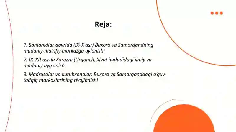 Samanidlar davrida (IX–X asr) Buxoro va Samarqandning madaniy-ma'rifiy markazga aylanishi 2