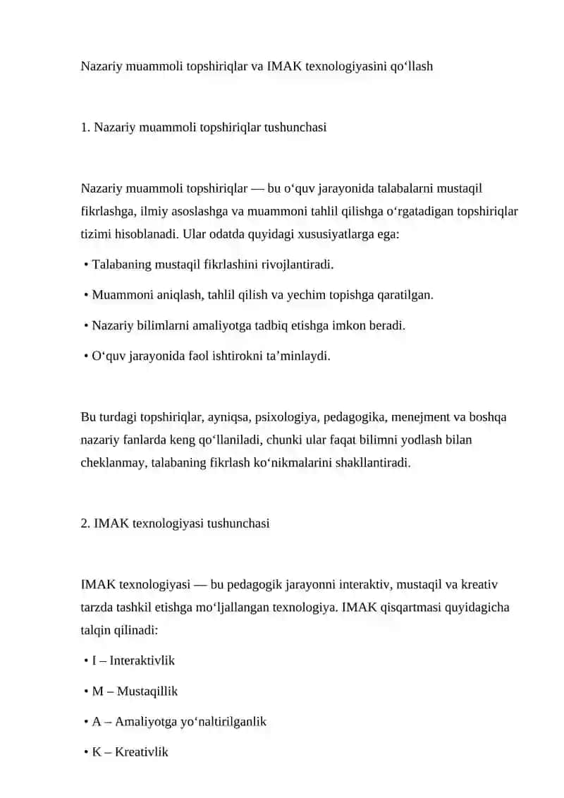 Nazariy muammoli topshiriqlar va IMAK texnologiyasi 2