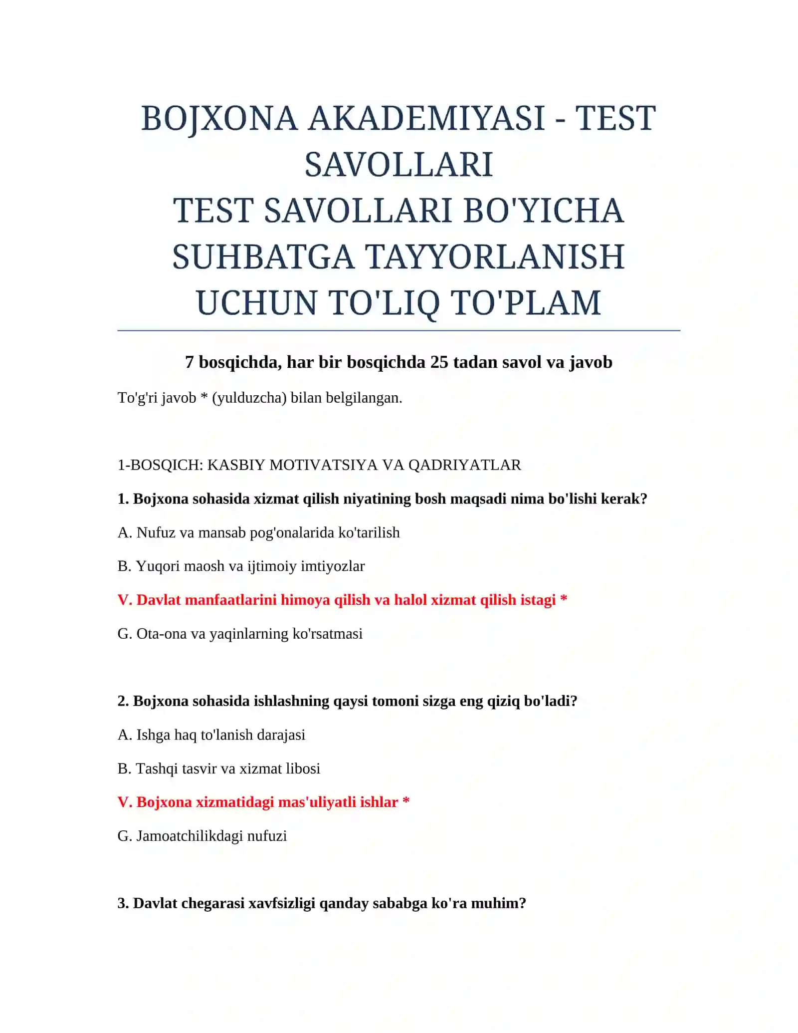 BOJXONA AKADEMIYASI - TEST SAVOLLARI 2