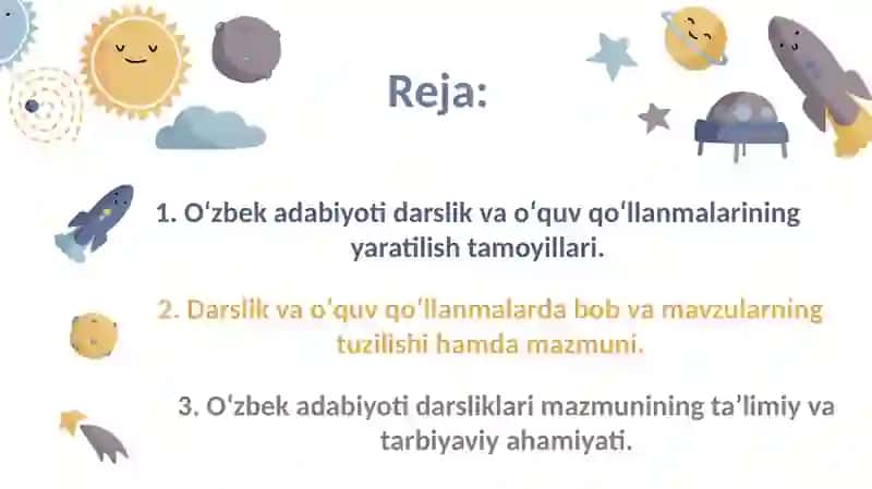 Oʻzbek adabiyotidan darslik va oʻquv qoʻllanmalarining boblari va mavzularini oʻrganish 2