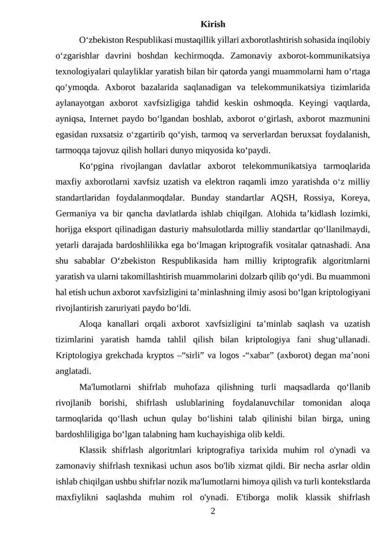 KURS ishi Axborotlarni kriptografik himoyalash vositalarini ishlab chiqishda qo‘yiladigan asosiy talablar 2