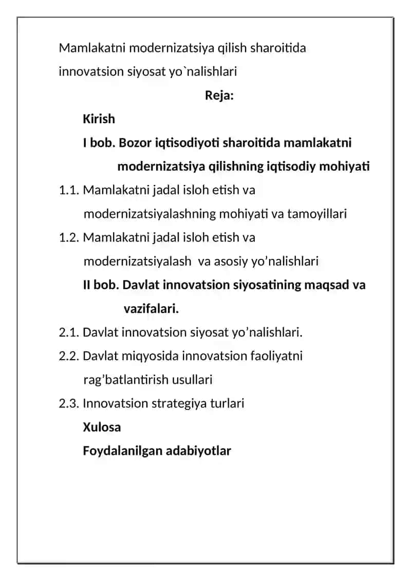 Mamlakatni modernizatsiya qilish sharoitida innovatsion siyosat yo`nalishlari 2