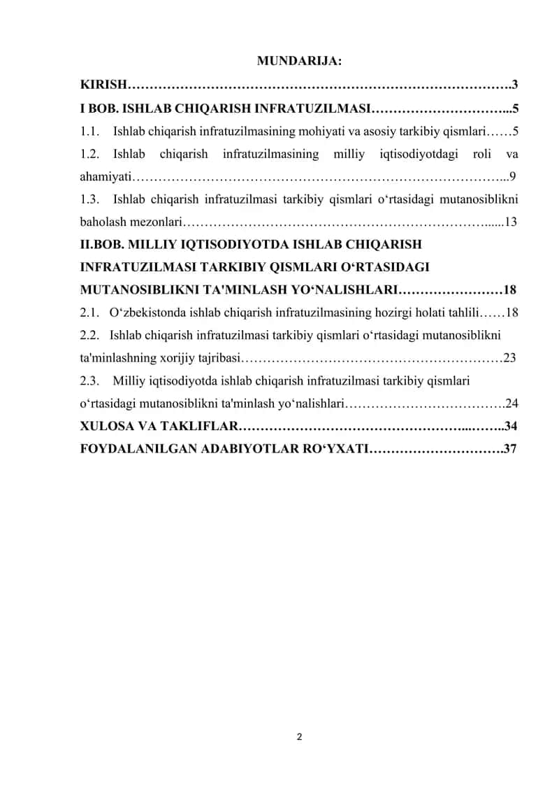 Milliy iqtisodiyotda ishlab chiqarish infratuzilmasi tarkibiy qismlari oʻrtasidagi mutanosiblikni taminlash yoʻnalishlari. 2