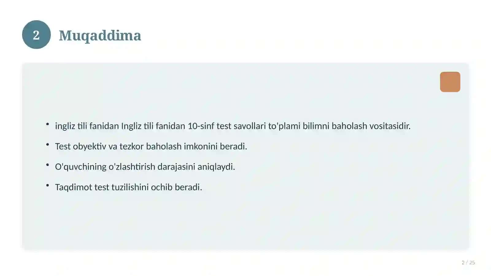 Ingliz tili fanidan 10-sinf test savollari to'plami 2