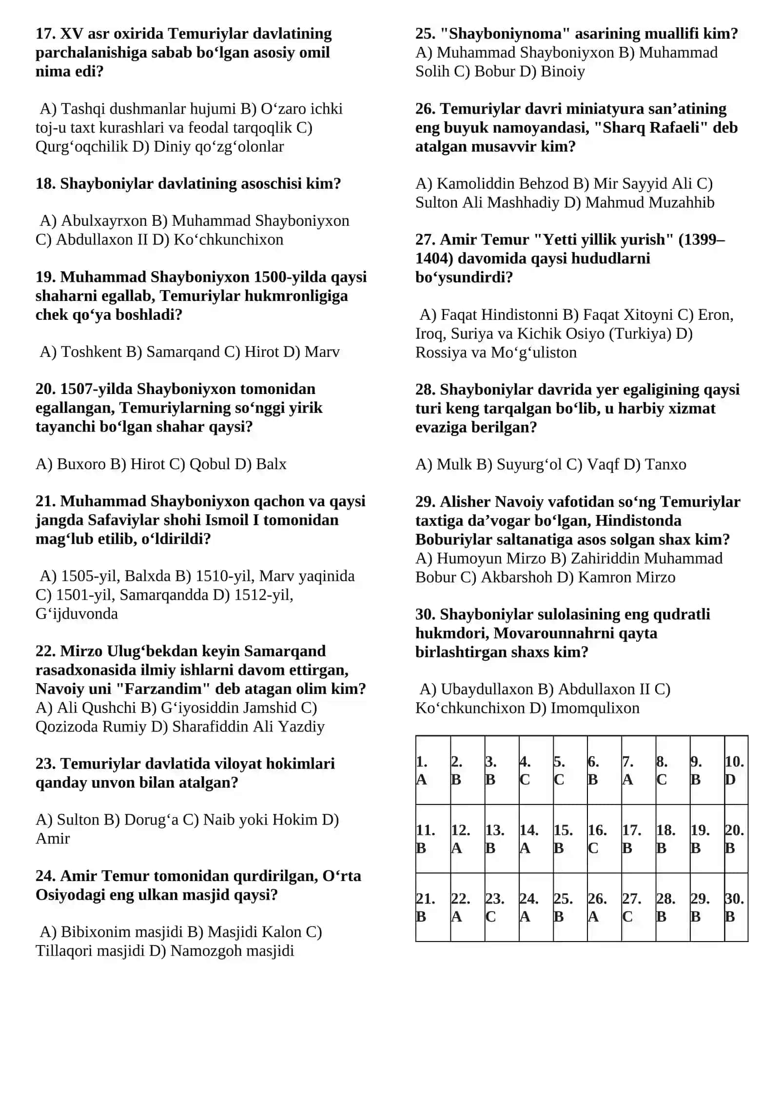 Temuriylar va Shayboniylar Davri (30 talik Blok Test) 2