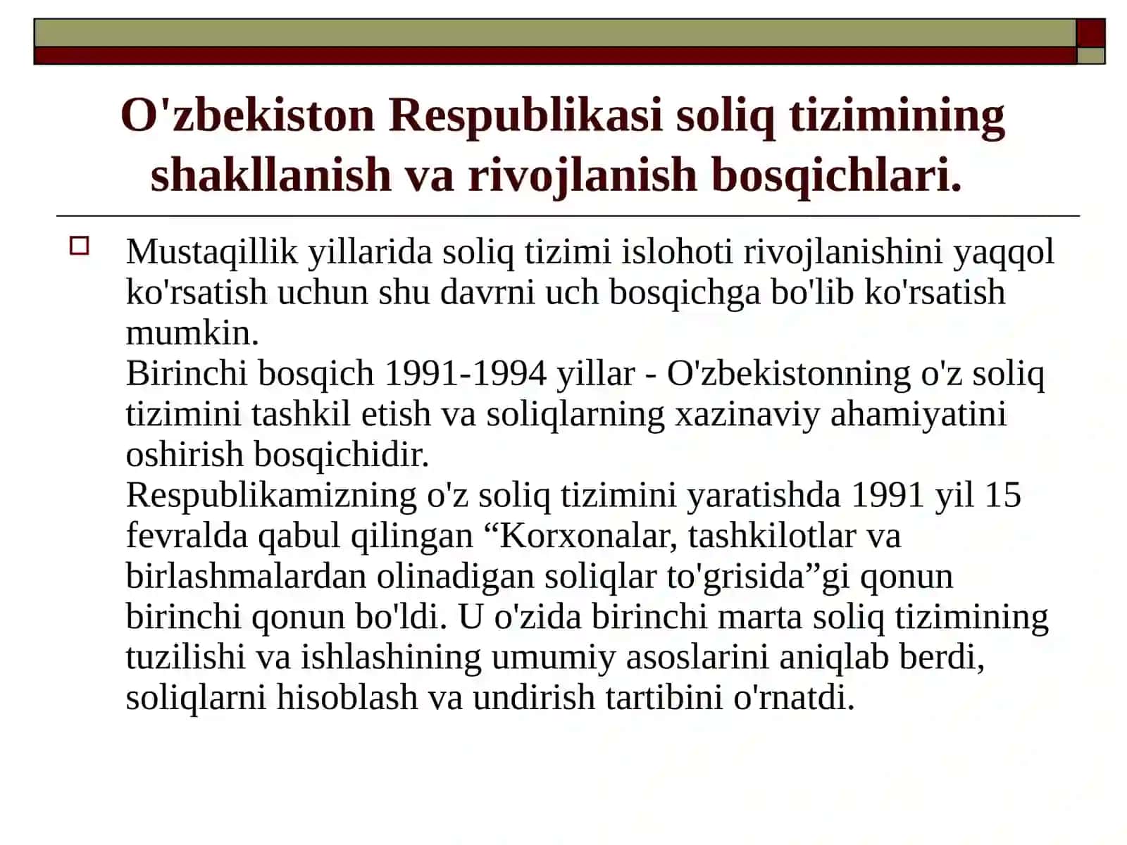 O`zbekistonda soliq tizimining rivojlanish bosqichlari 2