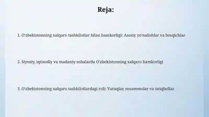 Oʻzbekistonning xalqaro tashkilotlar bilan hamkorligi 2