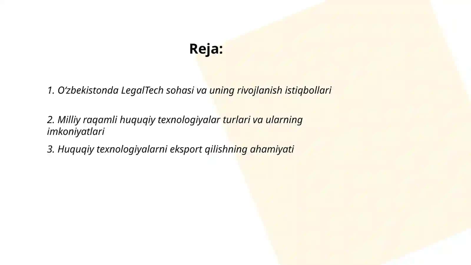 O‘zbekistonda LegalTech sohasida milliy raqamli huquqiy texnologiyalar eksport markazini tashkil etish 2