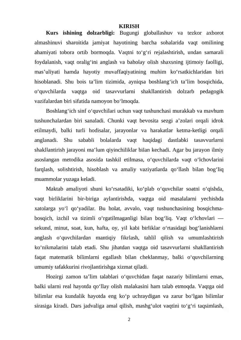 Vaqtga oid tasavvurlarni tarkib toptirish, vaqt o‘lchovlarini o‘rgatish hamda tegishli malaka va ko‘nikmalarni tarkib toptirish metodikasi 2