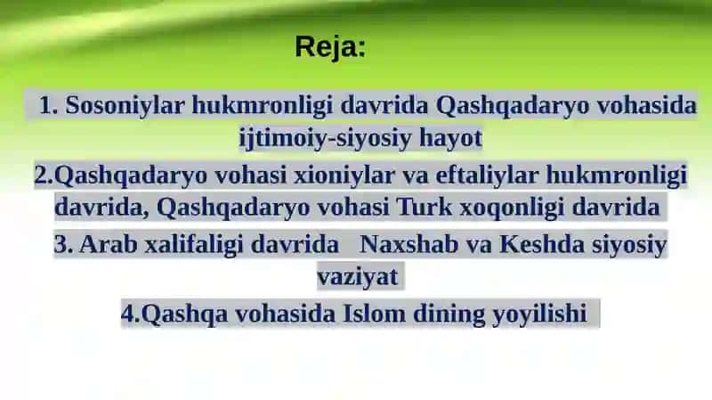 Yangi era boshlarida Qashqadaryo vohasi (I-VII asrlar). Qashqadaryo vohasi Arab xalifaligi davrida (VII-IX asr) 2