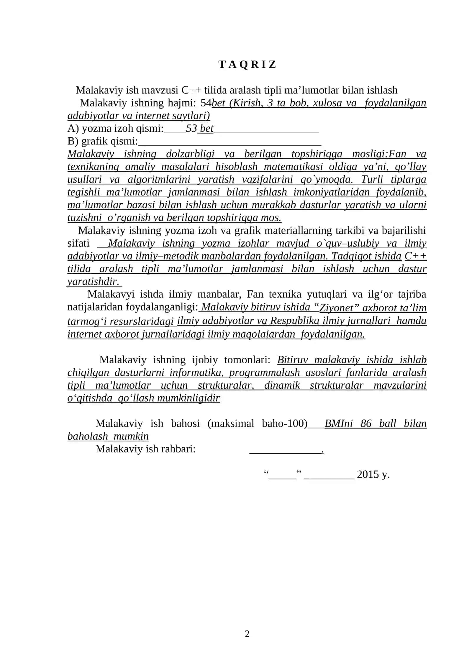 C++ tilida aralash tipli ma’lumotlar bilan ishlash mavzusida 2