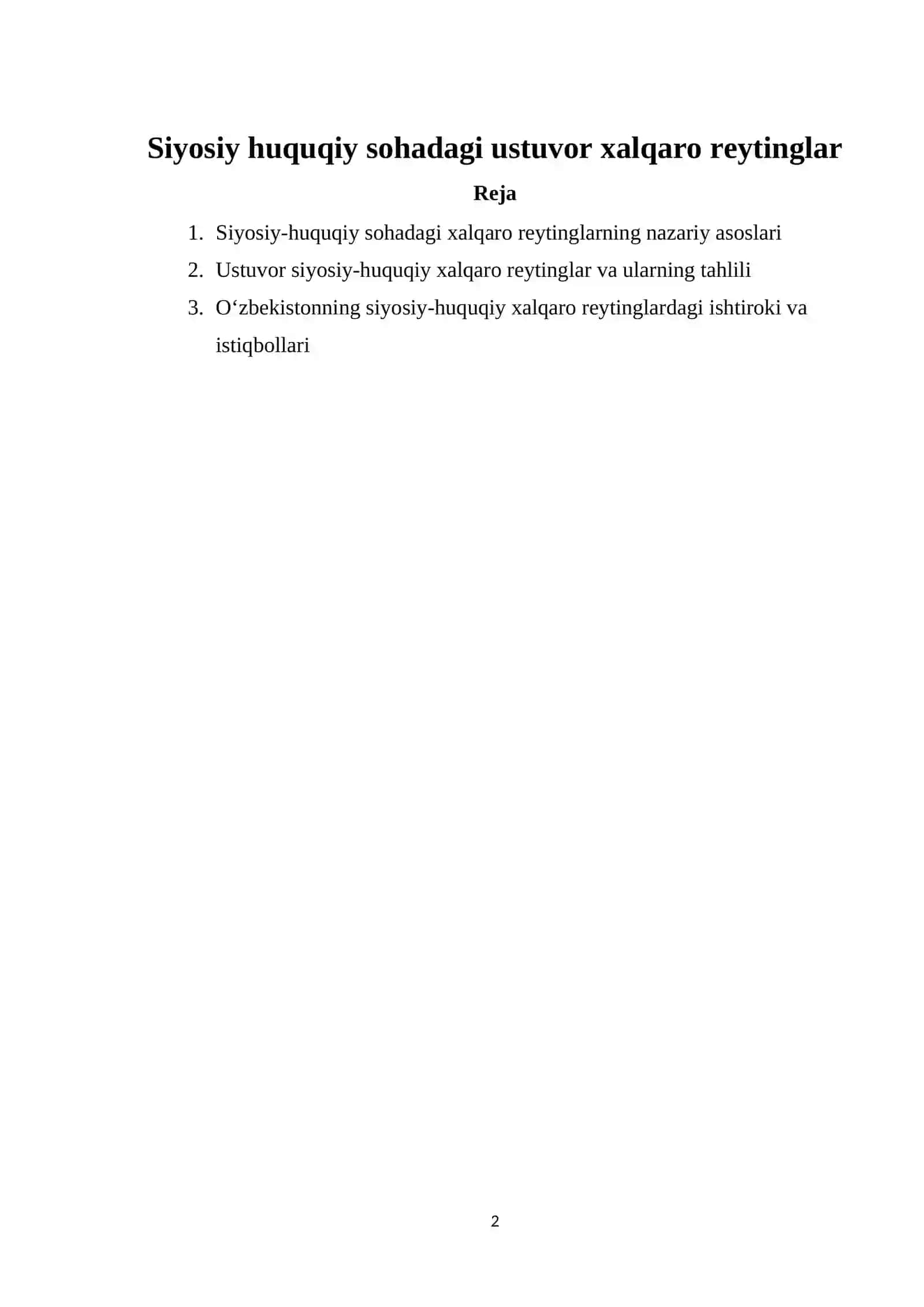 Siyosiy huquqiy sohadagi ustuvor xalqaro reytinglar 2