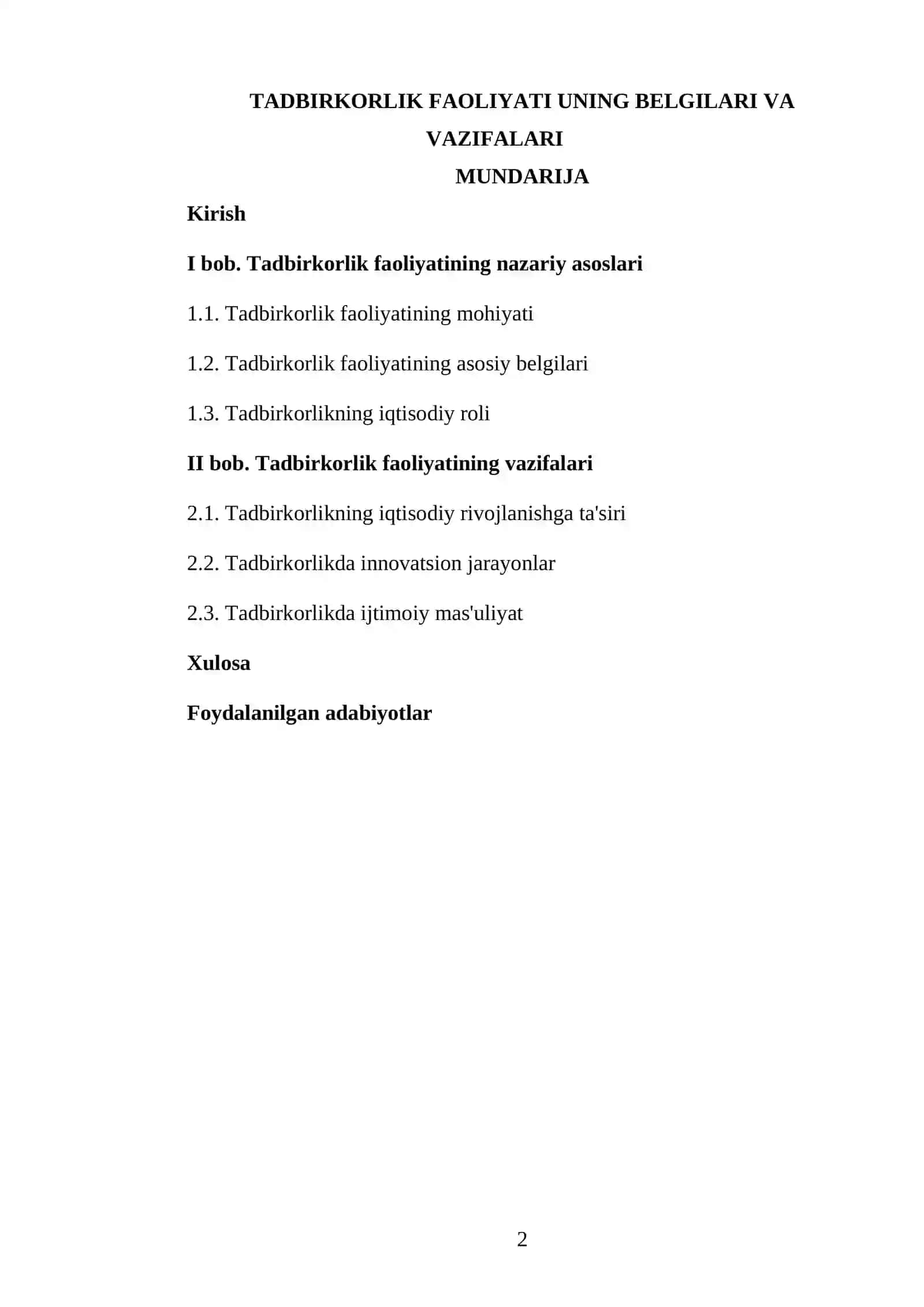 Tadbirkorlik faoliyati uning belgilari va vazifalari 2