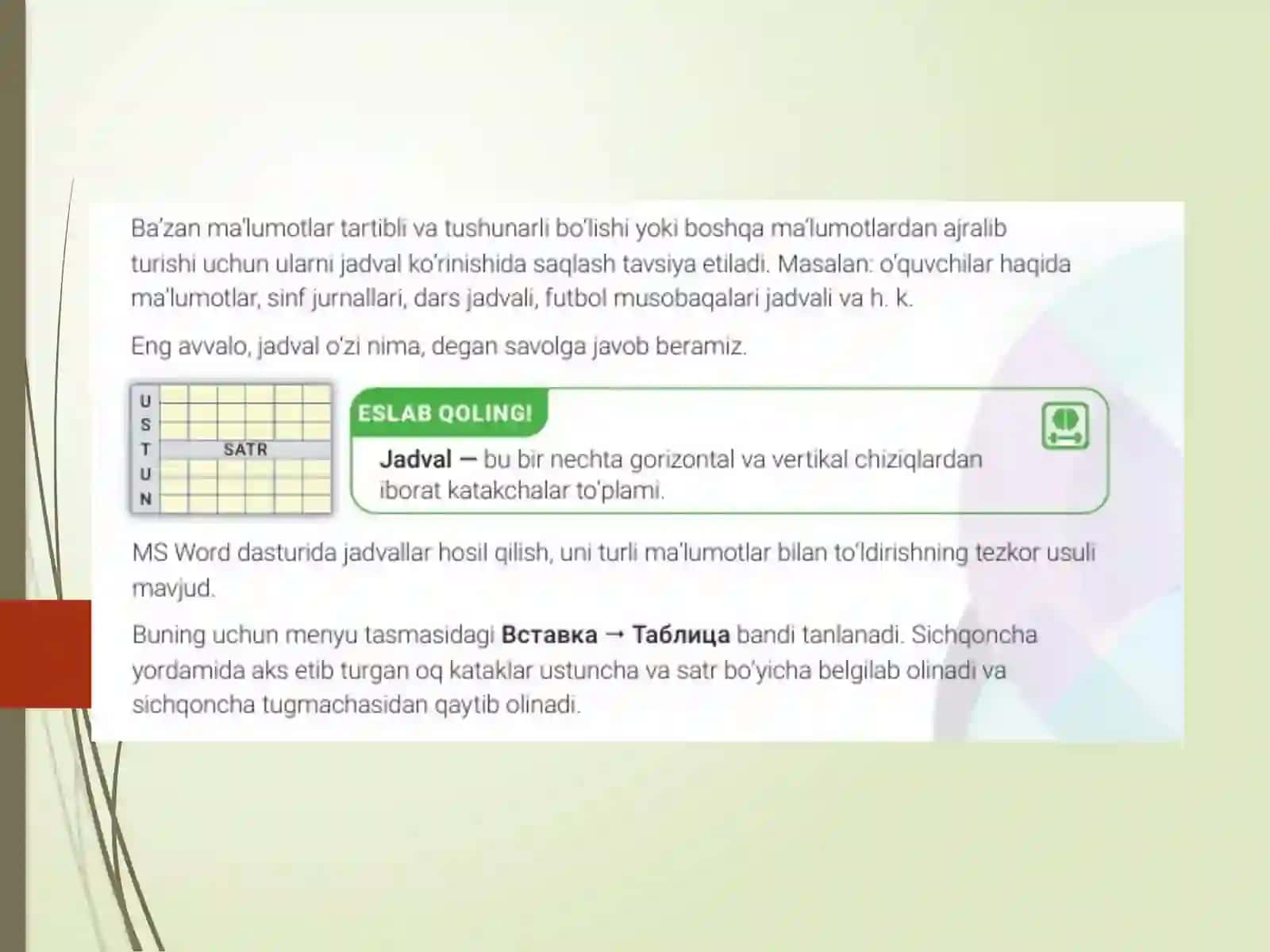 Jadval yaratish va formatlash 2