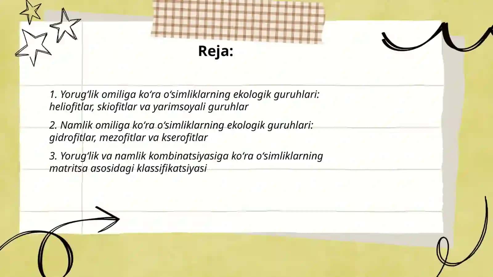 "Yorugʻlik namlik faktorlariga koʻra oʻsimliklarning ekologik guruhlari" 2