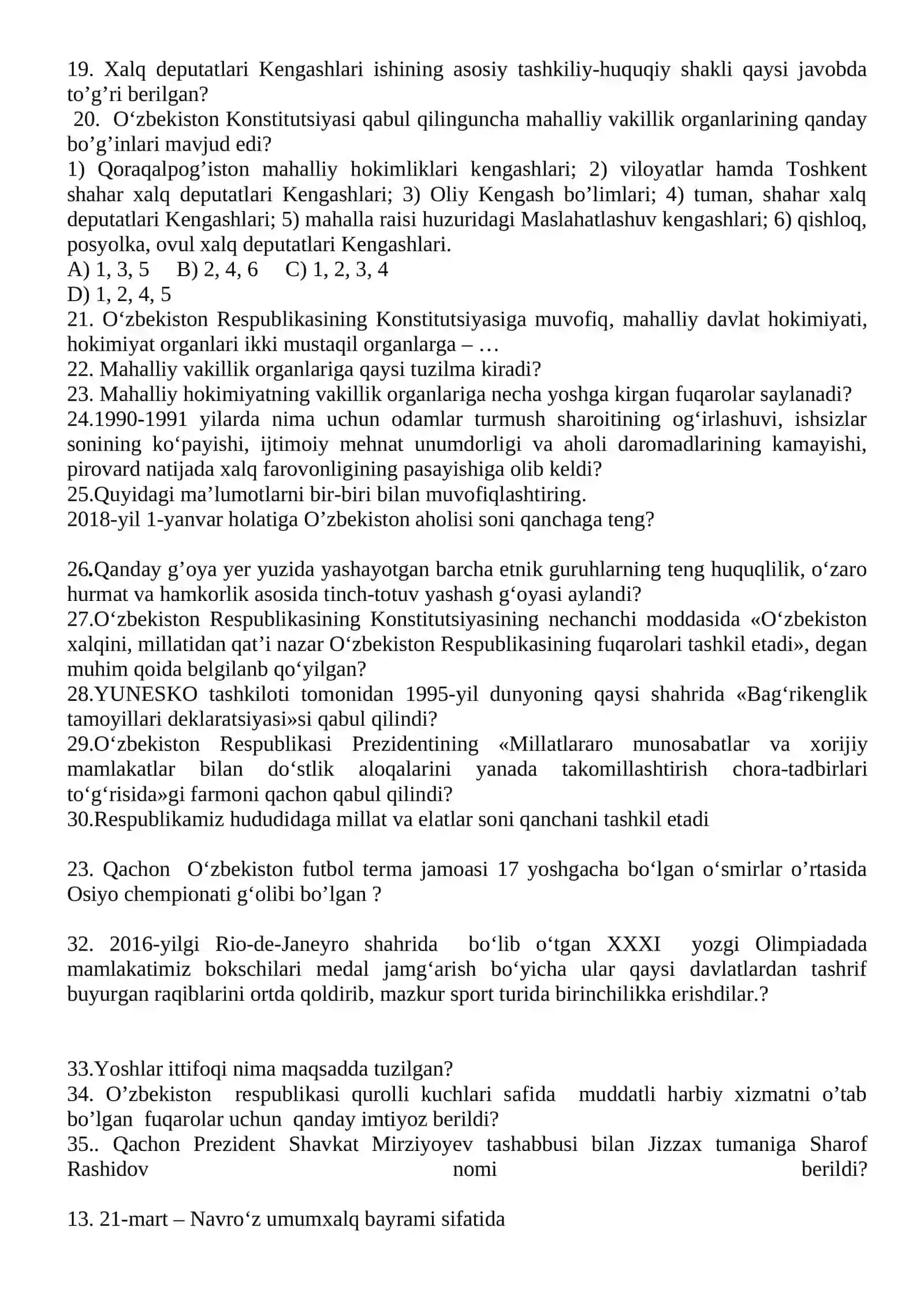 O‘zbekistonning eng yangi tarixi fanidan yakuniy nazorat savollari 2